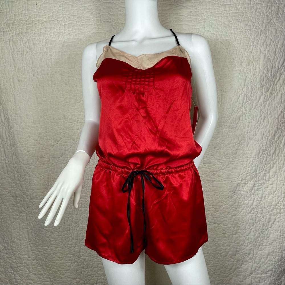 🔥NWT Vintage Cosmopolitan Teddy Satin Romper Red Cream Lingerie Size S